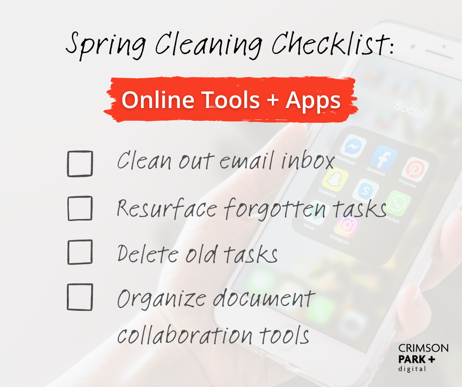 Digital spring cleaning checklist for online tools and apps. Includes clean out email inbox, resurface forgotten tasks, delete old tasks, organize document collaboration tools.