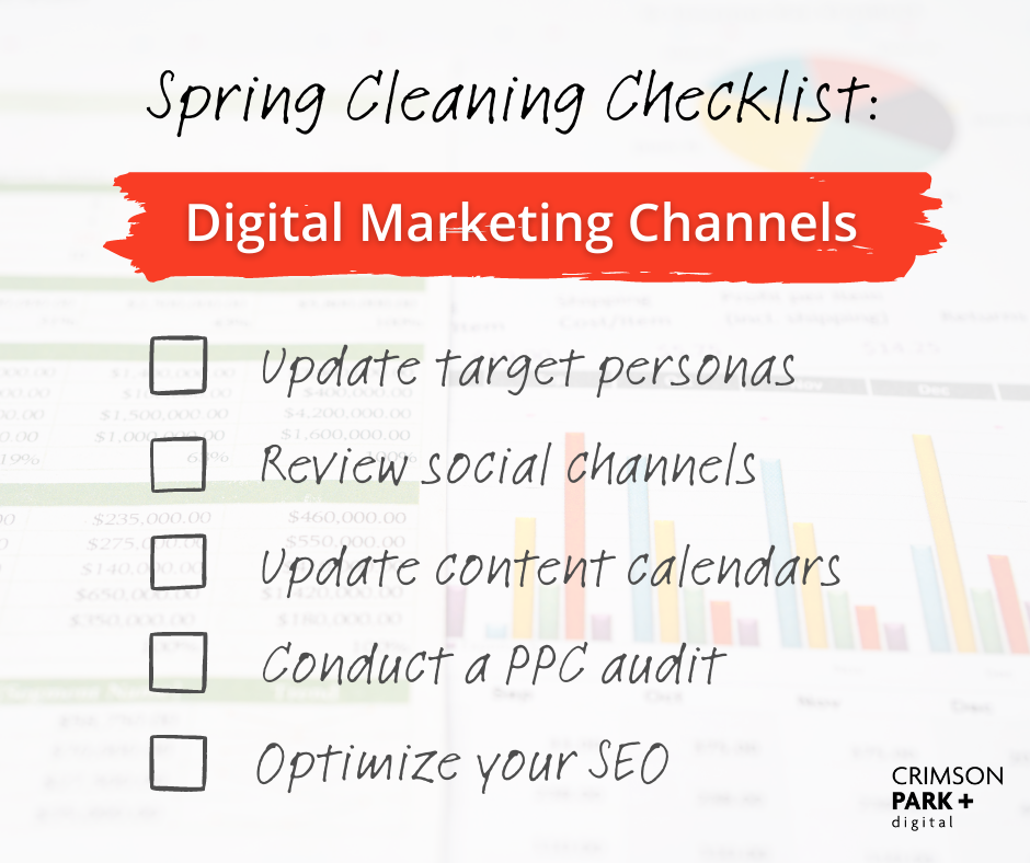 Digital spring cleaning checklist for digital marketing channels. Includes update target personas, review social channels, update content calendars, conduct a PPC audit, and optimize your website's SEO.