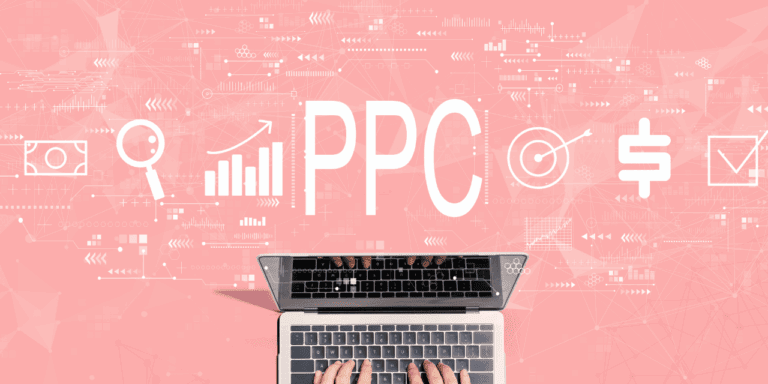 A hand on a laptop with marketing symbols and PPC above it