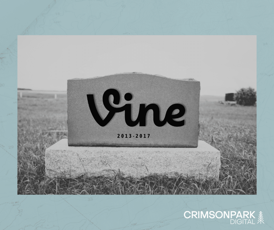 A headstone shows the Vine logo with 2013-2017 below it