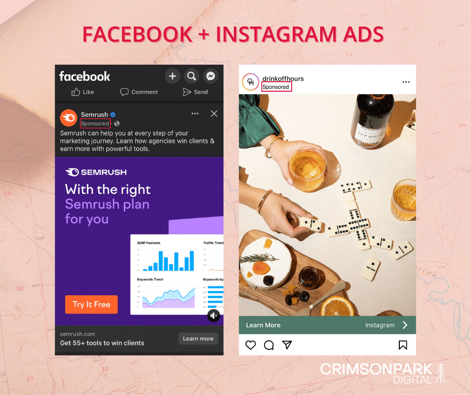 Two examples of sponsored posts on Facebook and Instagram using Meta Ads PPC platform.
