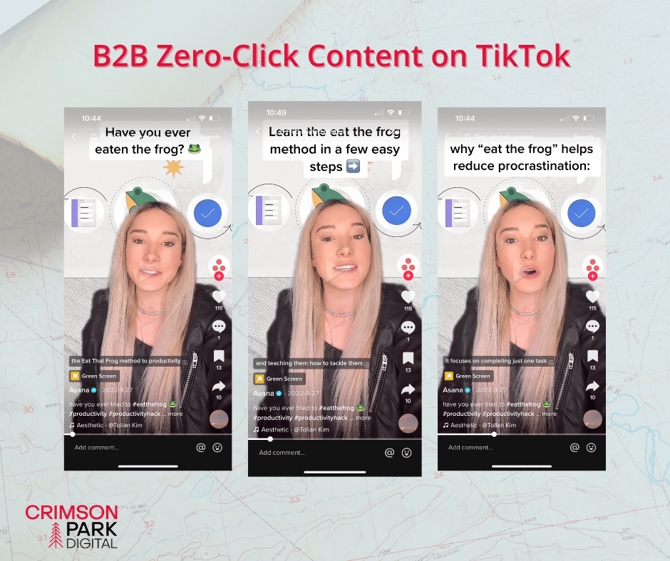 Three screenshots from a TikTok video using zero-click content strategies to keep users engaged.