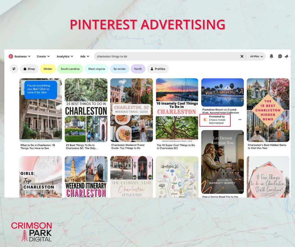 Pinterest travel results page with one sponsored ad seamlessly displaying as a result.