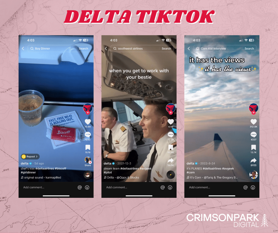 3 Screenshots from Delta's TikTok account showing Biscoff cookies, two pilots vibing, and their rendition of the It's Corn! trend