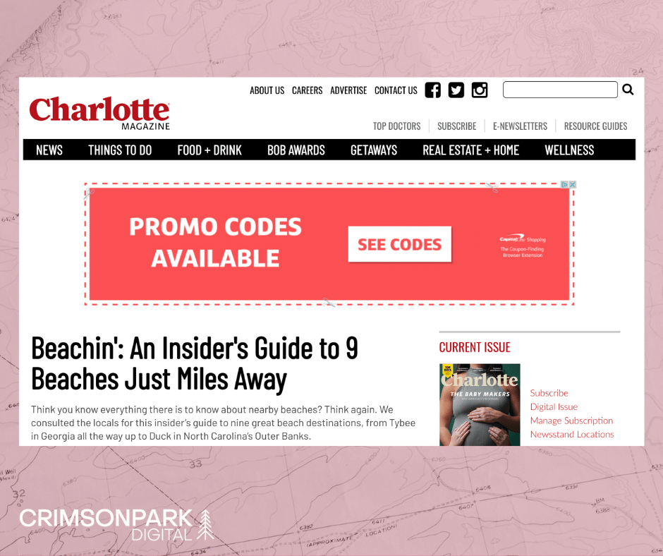 Screenshot of Charlotte Magazine's article titled 'Beachin'_ An Insider's Guide to 9 Beaches Just Miles Away'