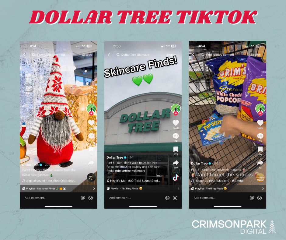 Three screenshots from Dollar Tree's TikTok showing a gnome, skincare finds, and snacks for a movie night