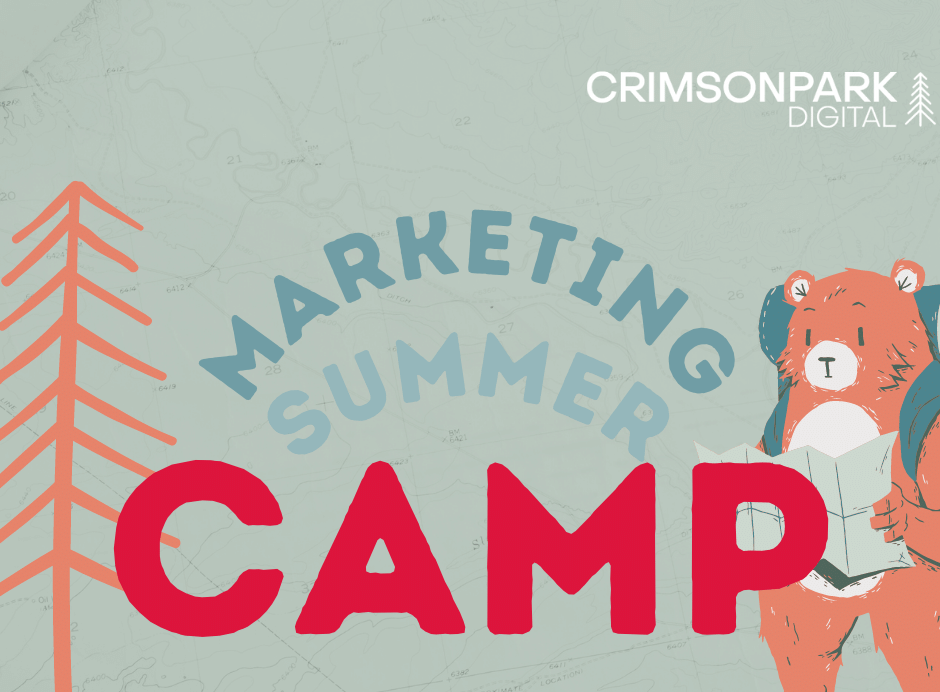 Graphic displays text that reads 'MARKETING SUMMER CAMP' and pictures a bear holding a map and a pine tree.