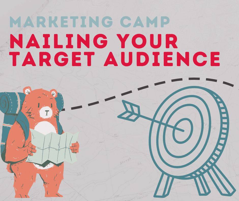 Text reads 'NAILING YOUR TARGET AUDIENCE,' and there is a bear holding a map and a target.