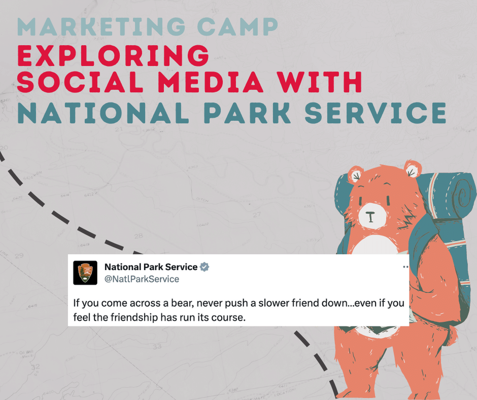 Text reads 'EXPLORING SOCIAL MEDIA WITH NATIONAL PARK SERVICE' and shows one of NPS' popular Tweets.