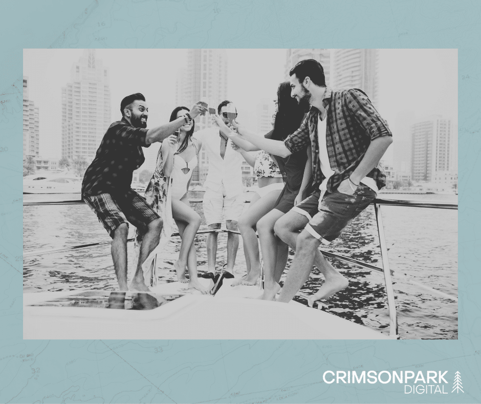 A group of people cheers with champagne glasses on a yacht, exemplifying effective travel content marketing imagery.