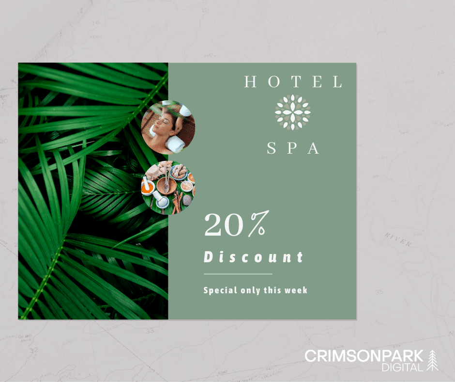 An example of a destination content marketing coupon that creates booking urgency. 20% off only this week for a hypothetical hotel + spa brand