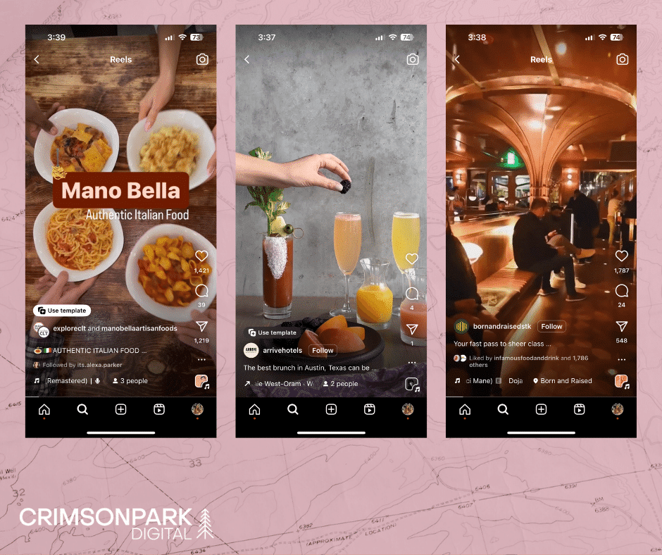 Examples of content strategy for restaurants that demonstrates what the experience will be like at 3 different restaurants