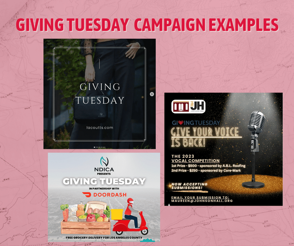 Giving Tuesday campaign examples including a free grocery delivery campaign and vocal competition _give your voice_ campaign