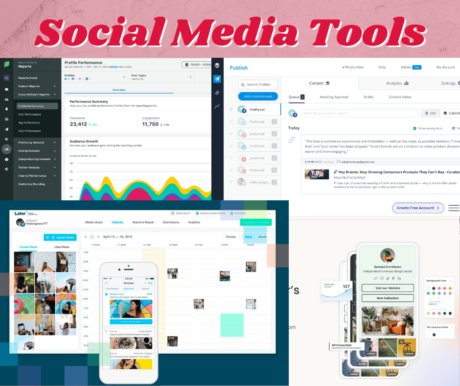 Screen grabs from various social media schedulers and tools such as Sprout Social, Later, Linkin.bio, and Buffer.