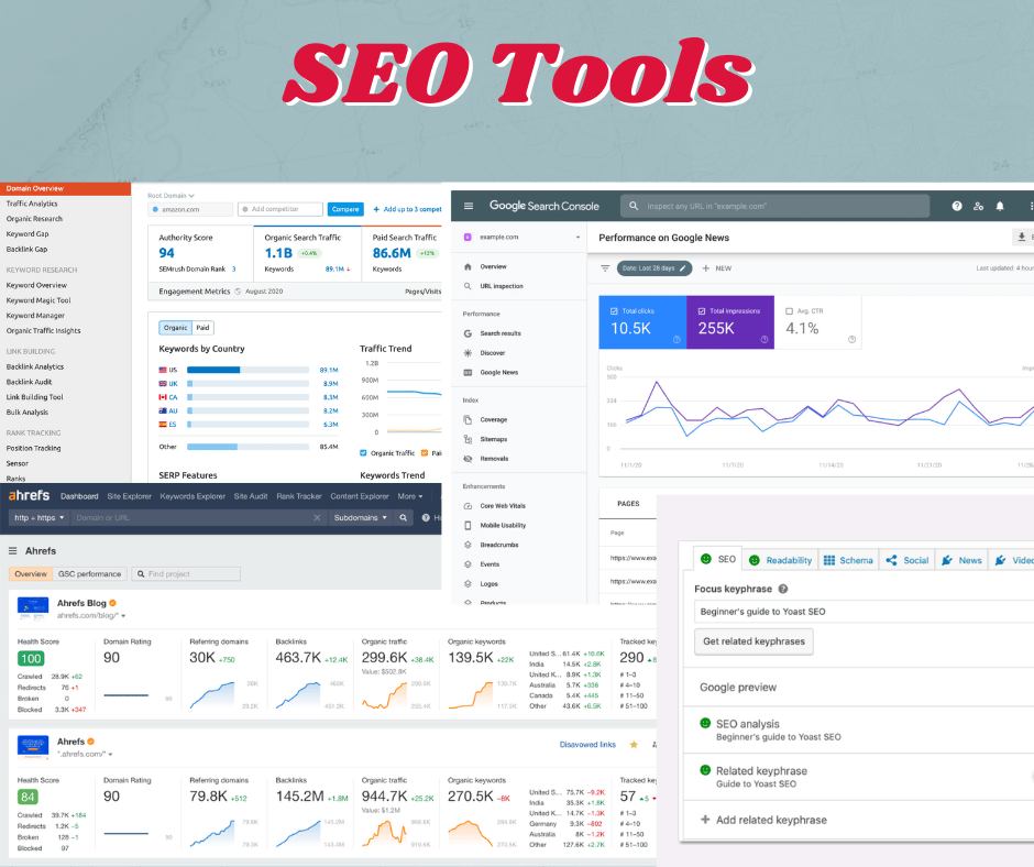 Screengrabs from various SEO tools including Semrush, Google Search Console, Ahrefs, and YoastSEO