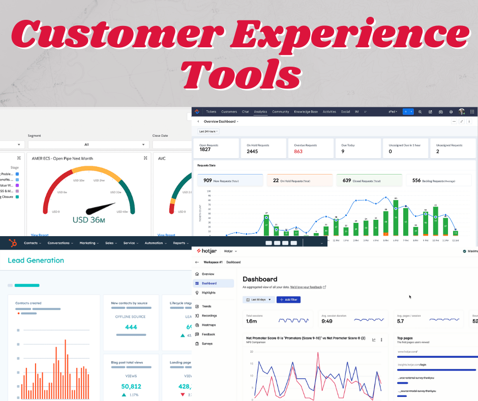 Screengrabs from various customer experience tools including Salesforce, Hubspot, Hotjar, and Zoho CRM