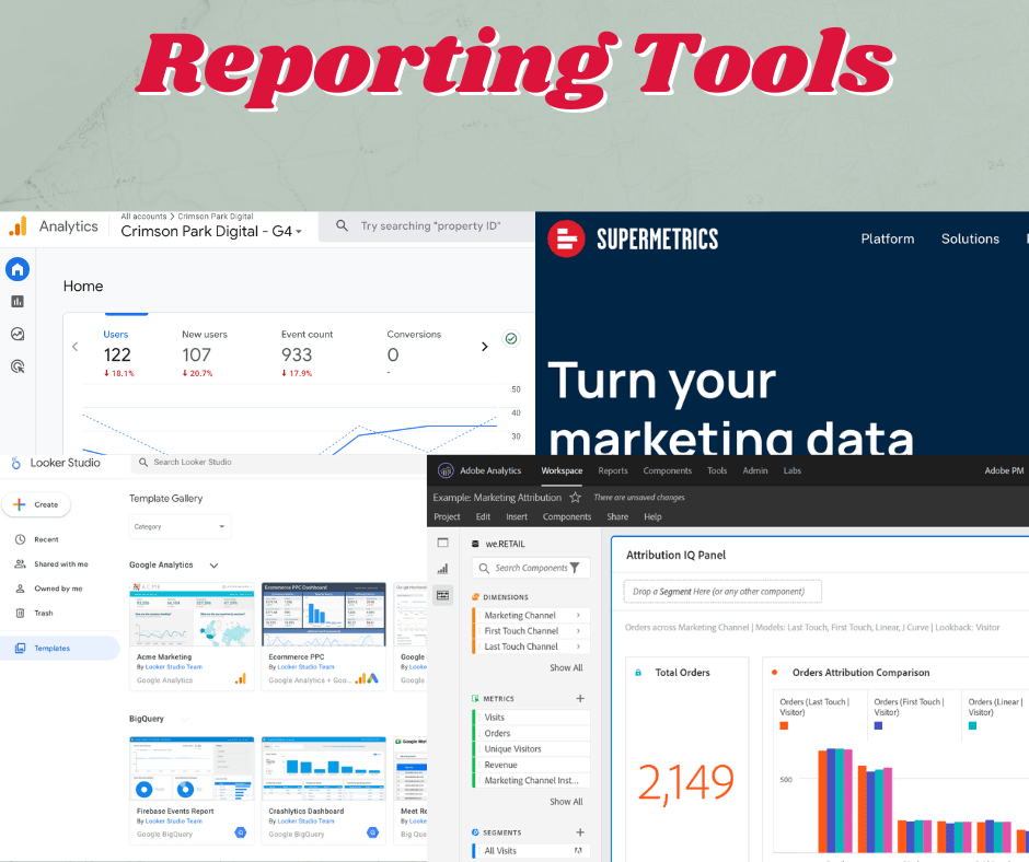 Screengrabs from various reporting tools including Google Analytics, Supermetrics, Looker Studio, and Adobe Analytics