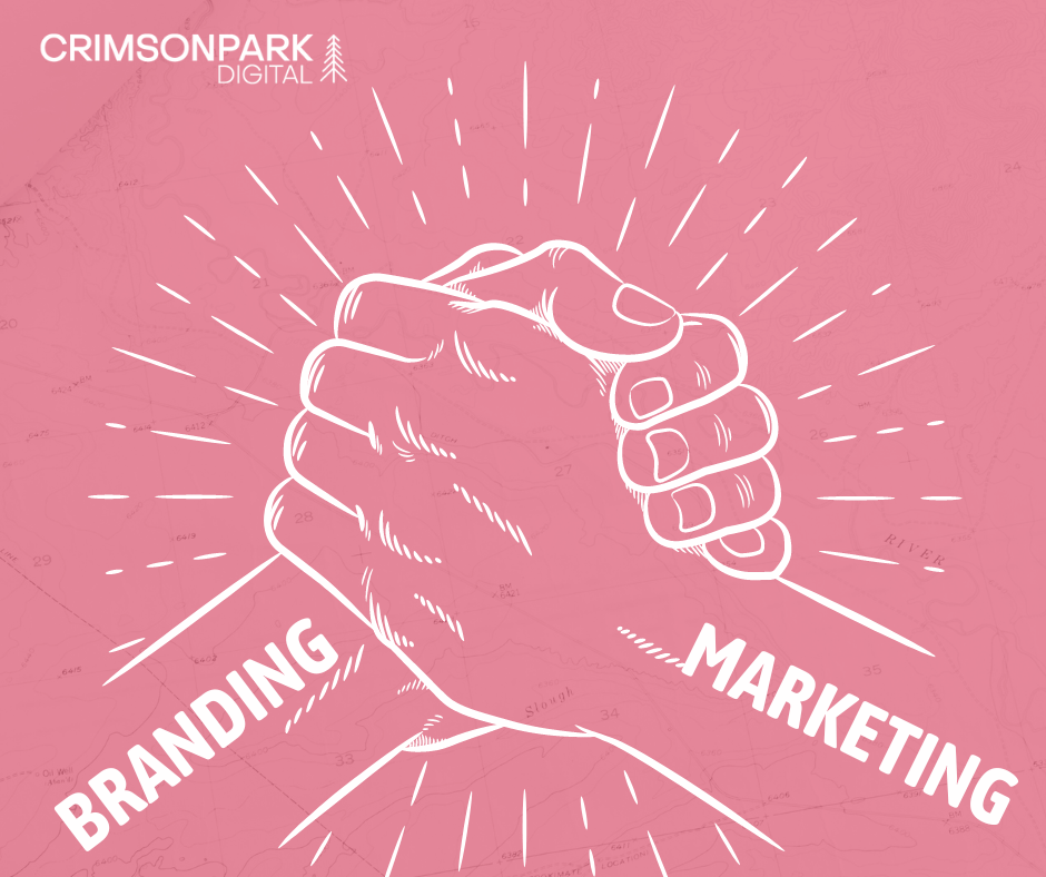 Two hands join, one labeled 'branding' and the other labeled 'marketing', demonstrating the importance that they work together.