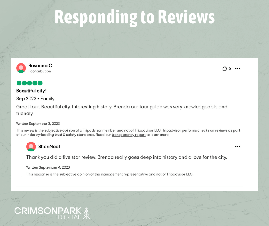A screenshot shows a business owner responding to a positive review on TripAdvisor