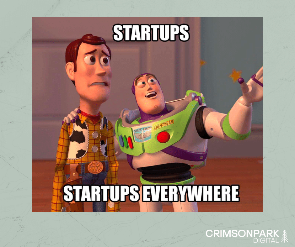 Woody and Buzz from Toy Story meme. Text says "Startups, Startups Everywhere"