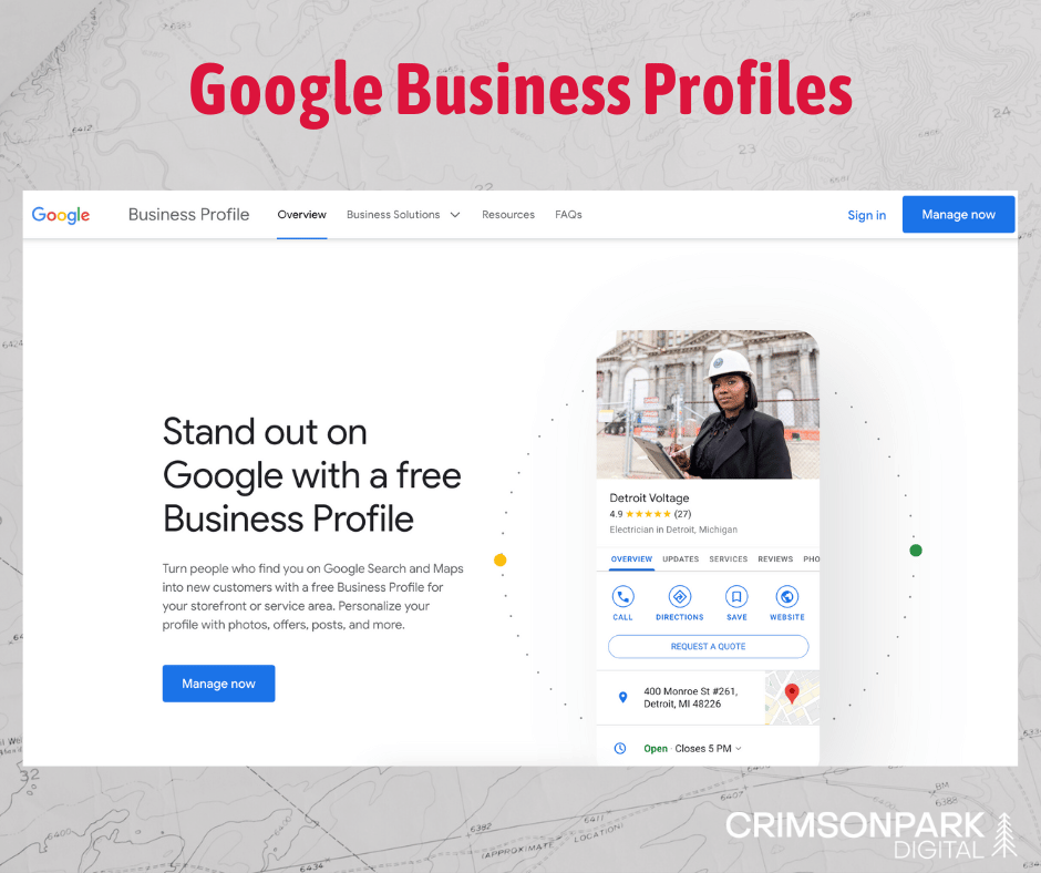 Screenshot from Google Business Profiles reads _Stand out on Google with a free Business Profile