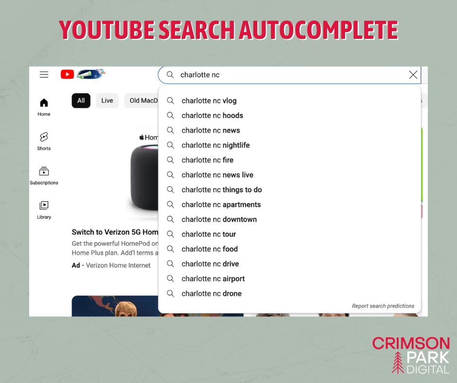 A screenshot showing what YouTube suggests could be the search query from charlotte nc